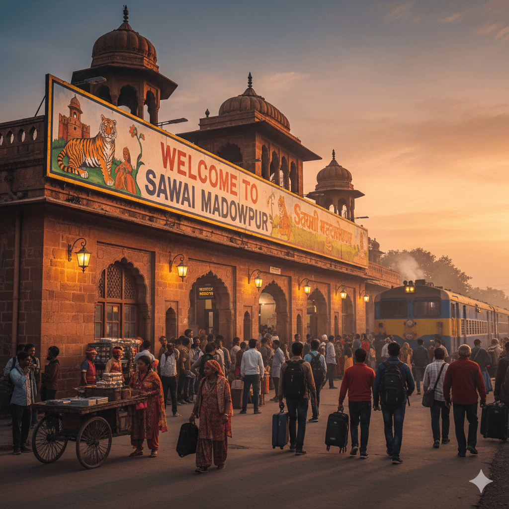 AI generated image of the colorful Sawai Madhopur railway station entrance.