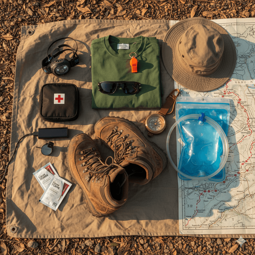 AI generated image of essential trekking gear including hiking boots and a map for an Aravalli mountain climb. Trekking Kumbhalgarh to Ranakpur