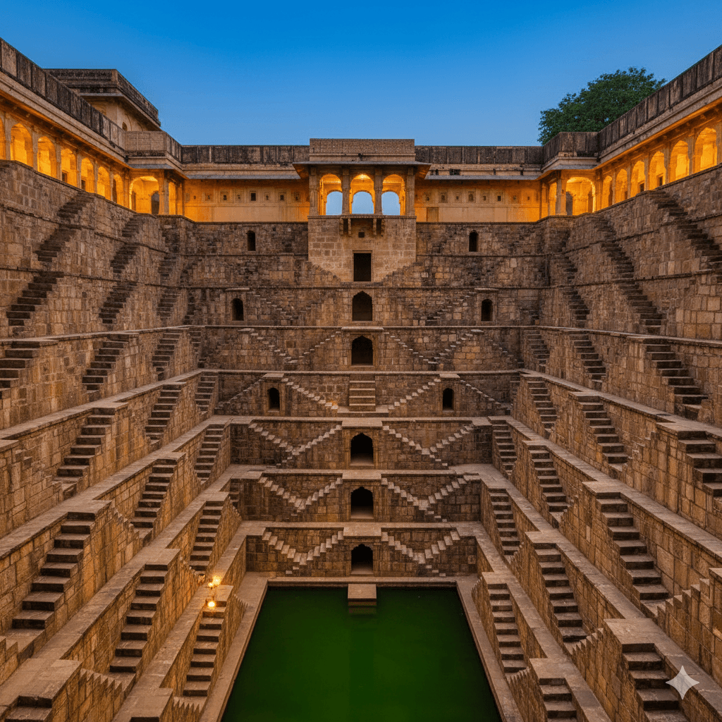 AI-generated image: The symmetrical architecture of Chand Baori stepwell, a top offbeat and surrounding attraction in Rajasthan.