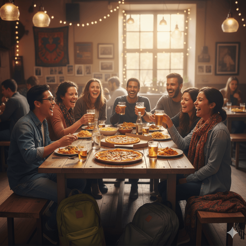 AI-generated image: International backpackers networking at one of the best budget hostels in Rajasthan, showing the social community.