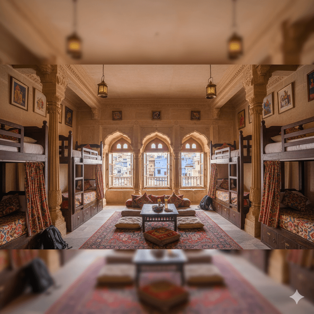 AI-generated image: Interior of a luxury heritage hostel dorm in Rajasthan featuring traditional architecture and modern amenities.