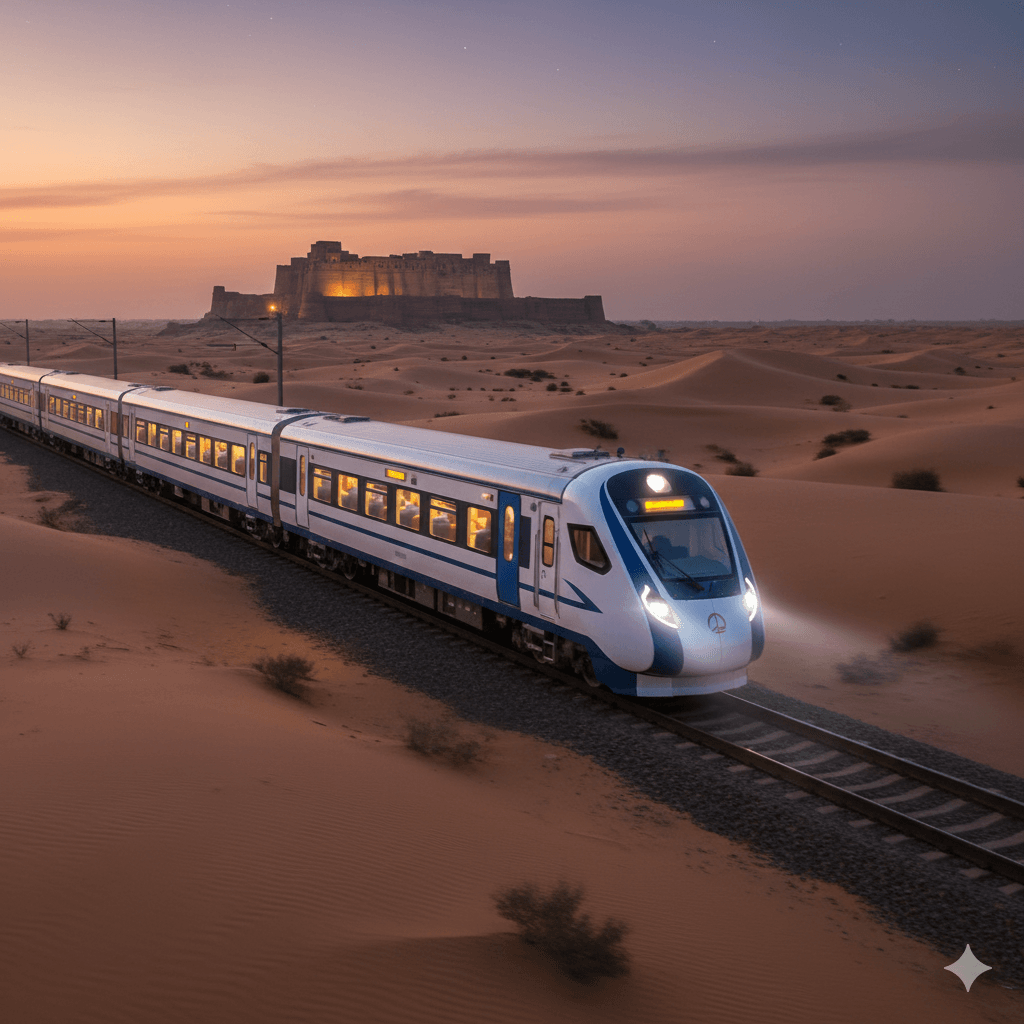 AI-generated image: The 2026 Vande Bharat Sleeper train traveling through Rajasthan, a key part of the 10-day master travel itinerary.