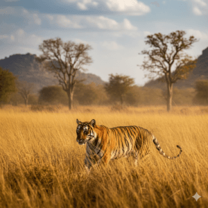 AI generated image of a majestic Bengal tiger walking through golden grass in Ranthambore.