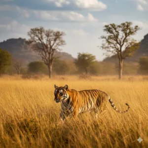 AI generated image of a majestic Bengal tiger walking through golden grass in Ranthambore.