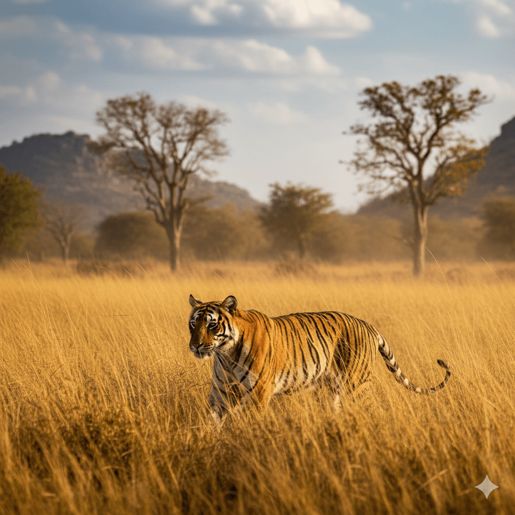 AI generated image of a majestic Bengal tiger walking through golden grass in Ranthambore.