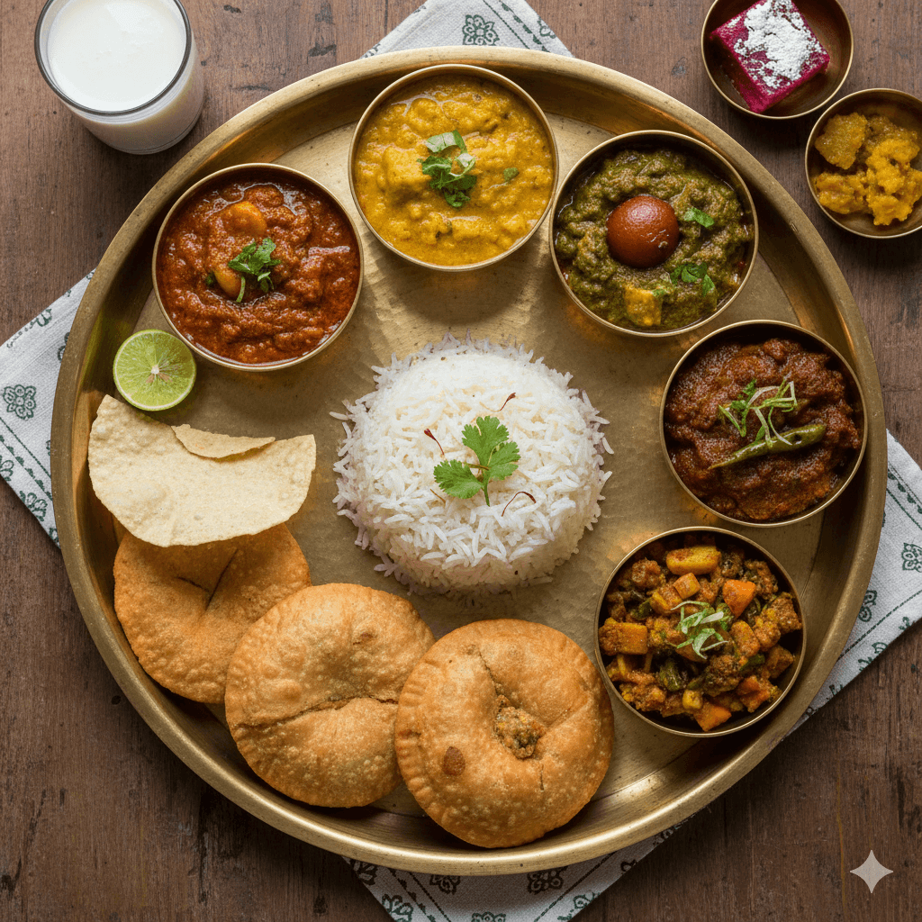 AI-generated image: A colorful and authentic Rajasthani Thali, highlighting the best things to eat while staying at heritage homestays.