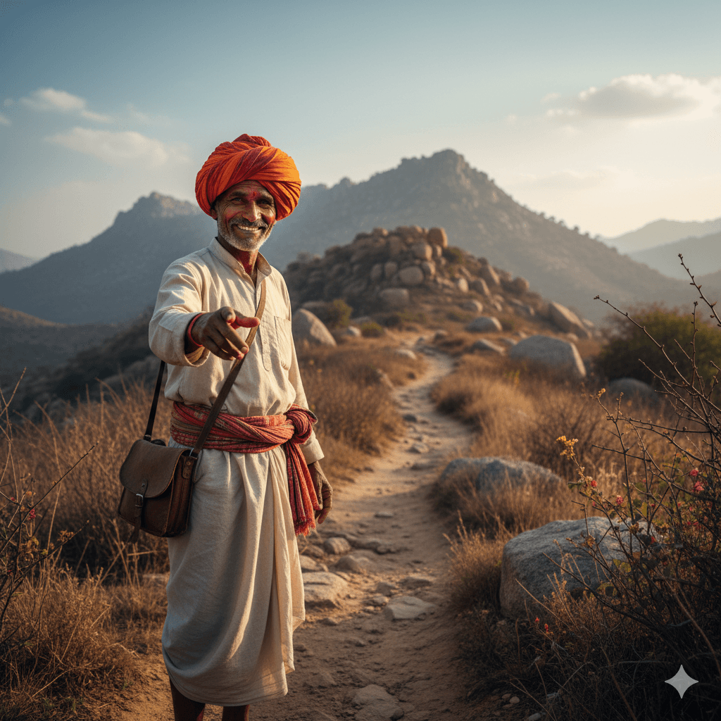 AI generated image of a local Rajasthani guide in a turban pointing toward a trekking trail in the Aravallis. Trekking Kumbhalgarh to Ranakpur