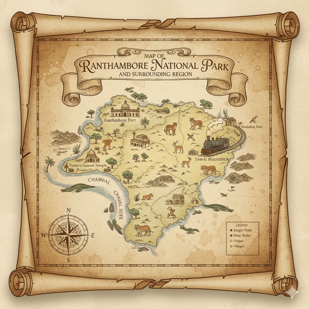 AI generated image of a stylized map of Sawai Madhopur and Ranthambore National Park.