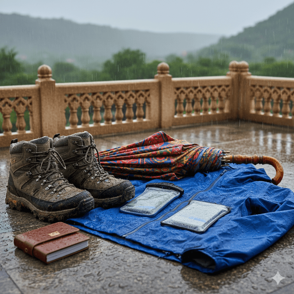 "Close-up of waterproof travel gear and high-traction footwear on a wet Rajasthani terrace; AI-generated." Rajasthan Off-Season Travel