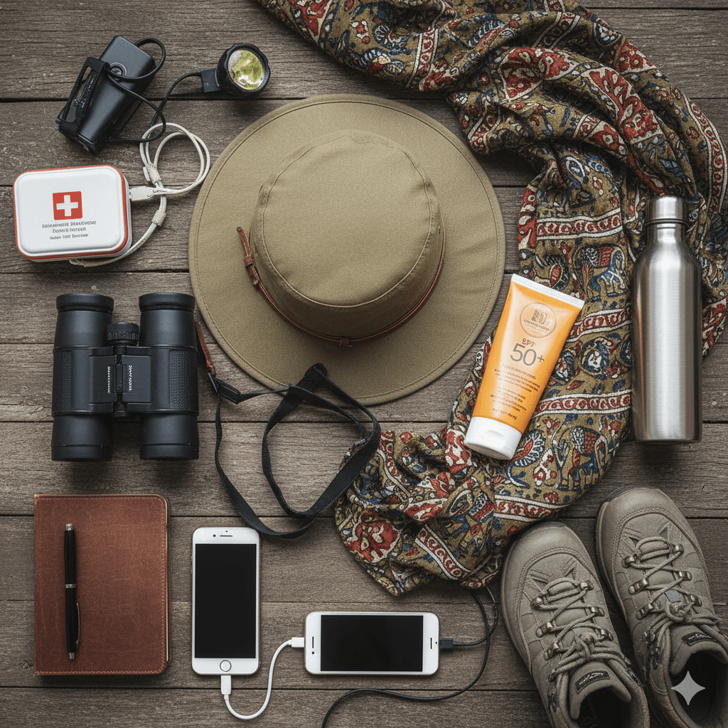AI generated image of travel essentials for a tiger safari including binoculars and safari hat.