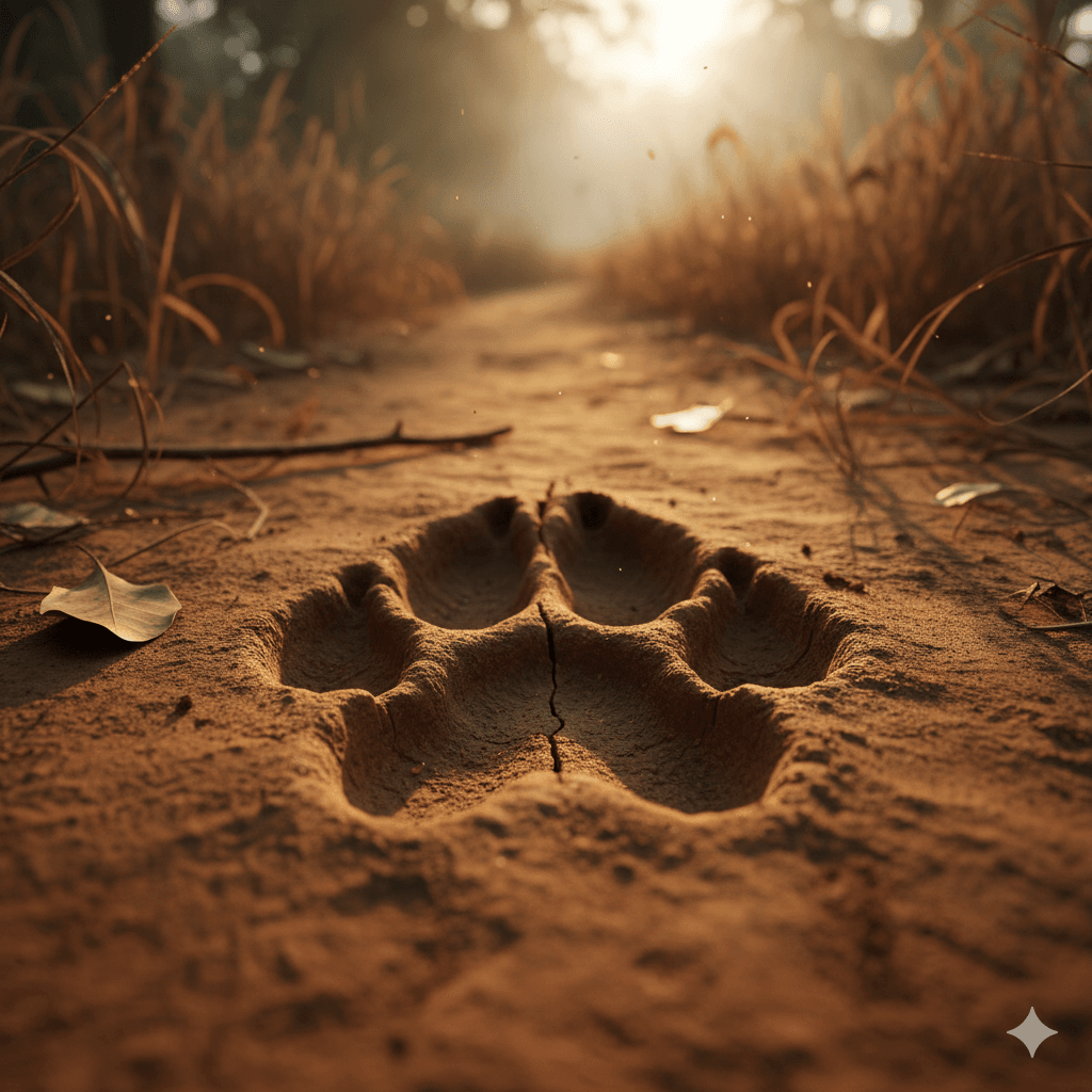 AI generated image of a tiger paw print in the soft dust of a jungle trail. Sawai Madhopur Travel Guide