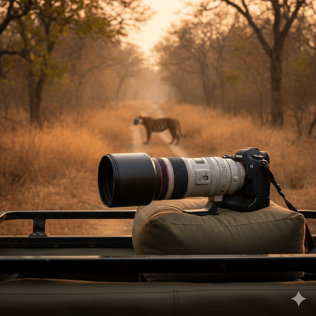 AI generated image of a professional DSLR camera with a telephoto lens on a safari jeep. Sawai Madhopur Travel Guide