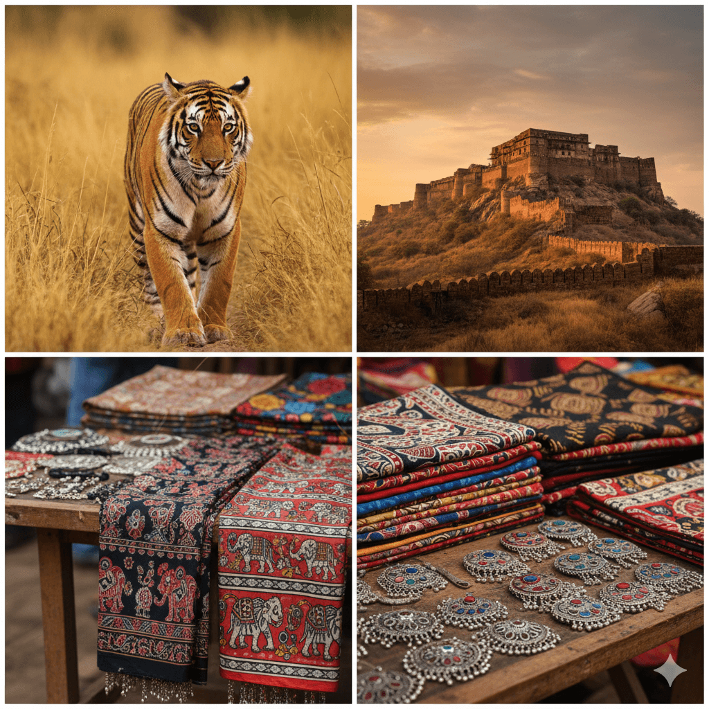 AI generated image collage showing the best things to do in Sawai Madhopur.