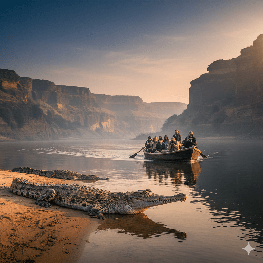 AI generated image of a gharial crocodile basking on the sandy banks of the Chambal River. Sawai Madhopur Travel Guide