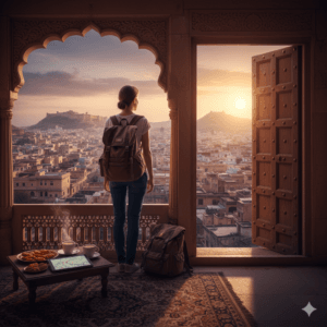 AI-generated image: A solo traveler enjoying a sunset view from a heritage balcony, showcasing the best budget hostels in Rajasthan.