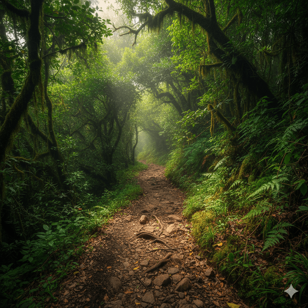 AI generated image of a secret trekking trail through the dense green forest of the Kumbhalgarh Wildlife Sanctuary.