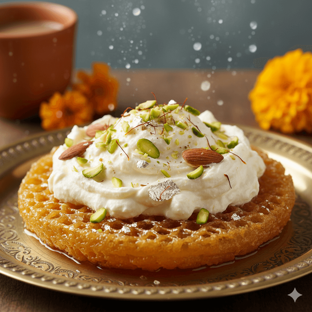 "Delicious traditional Rajasthani Ghevar sweet topped with cream and nuts for monsoon season; AI-generated." Rajasthan Off-Season Travel