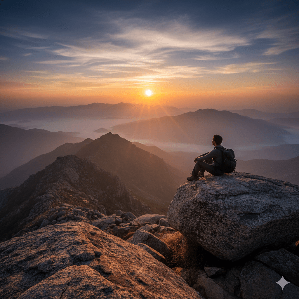 AI generated image of a silhouette of a trekker sitting on a mountain peak at sunset after a 1,100-meter climb.
