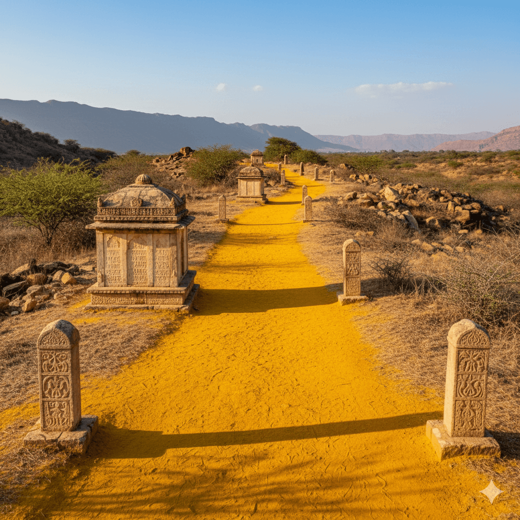 AI generated image of the yellow turmeric-colored soil of the Haldighati mountain pass in Rajasthan.