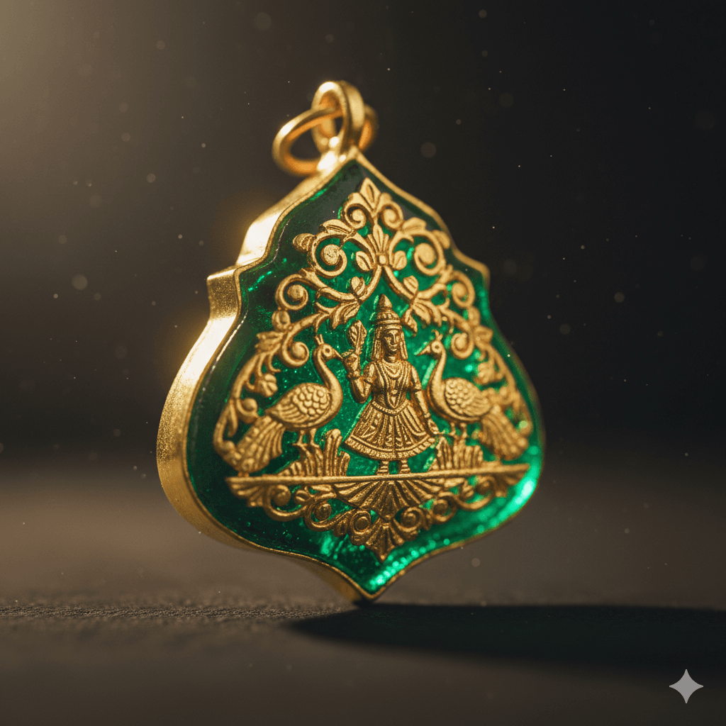 AI-generated macro photo of green and gold Thewa jewelry.