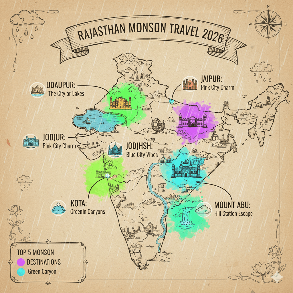 "Illustrated map of Rajasthan highlighting top 5 monsoon travel destinations for 2026; AI-generated." Rajasthan Off-Season Travel