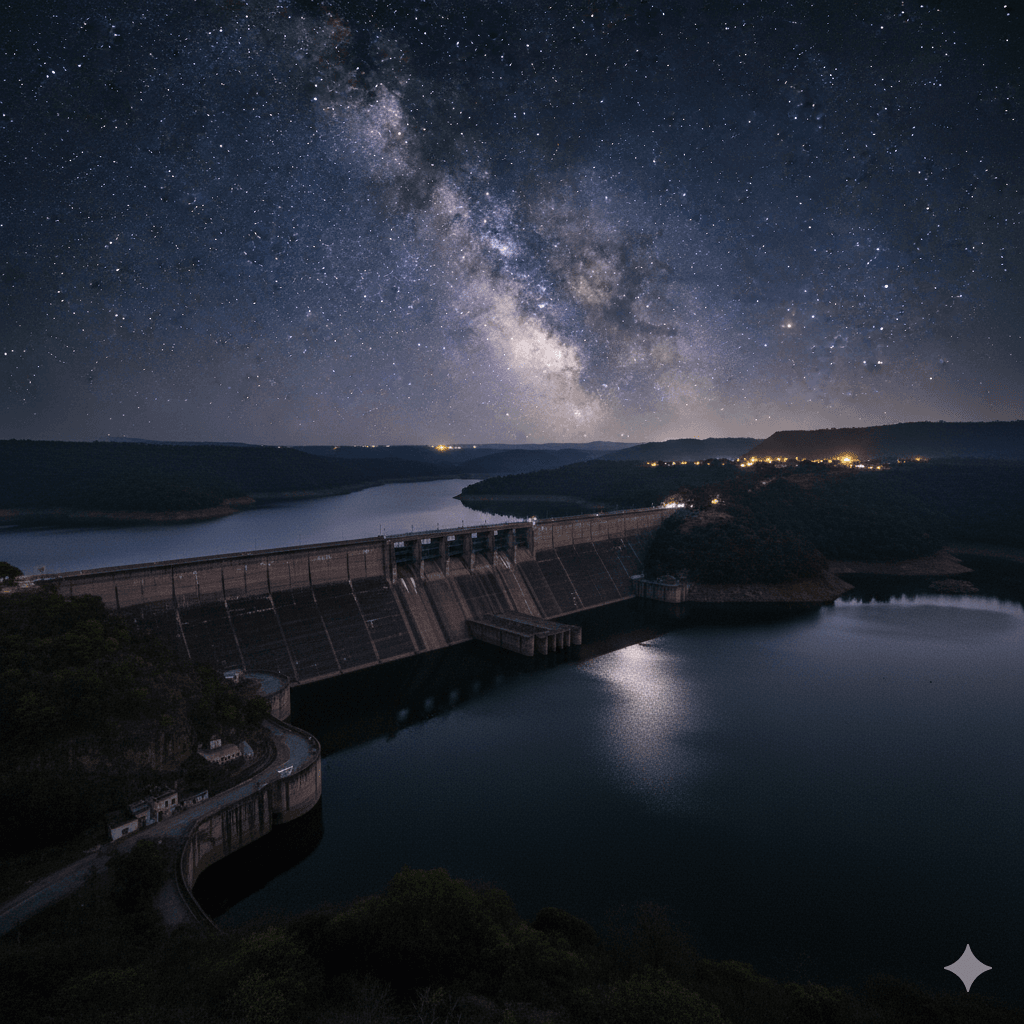 AI-generated night sky over Jakham Dam reservoir. Pratapgarh Rajasthan Travel Guide
