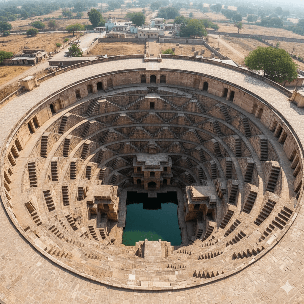 AI-generated image: Aerial perspective of the ancient Chand Baori stepwell near Jaipur, Rajasthan.