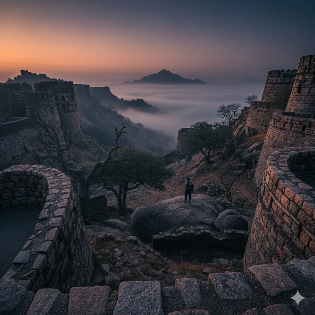 AI-generated moody landscape of the ancient Achalgarh Fort ruins in the clouds of Mount Abu.