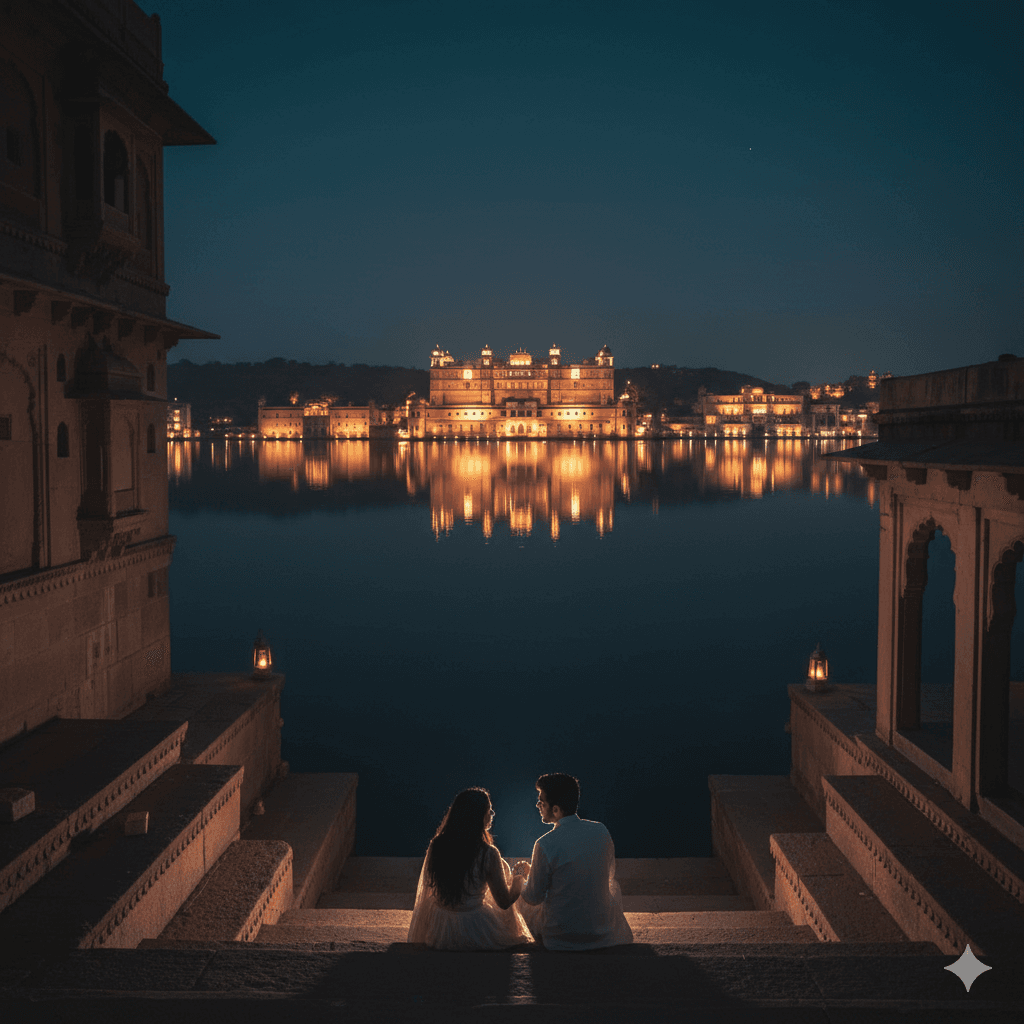 AI-generated image: Romantic evening view at Ambrai Ghat for couples visiting.