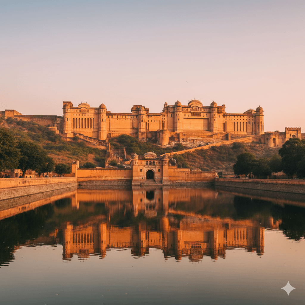 AI generated image: A scenic landscape of Amer Fort in Jaipur at sunset, reflecting in the lake, perfect for sightseeing dividends.