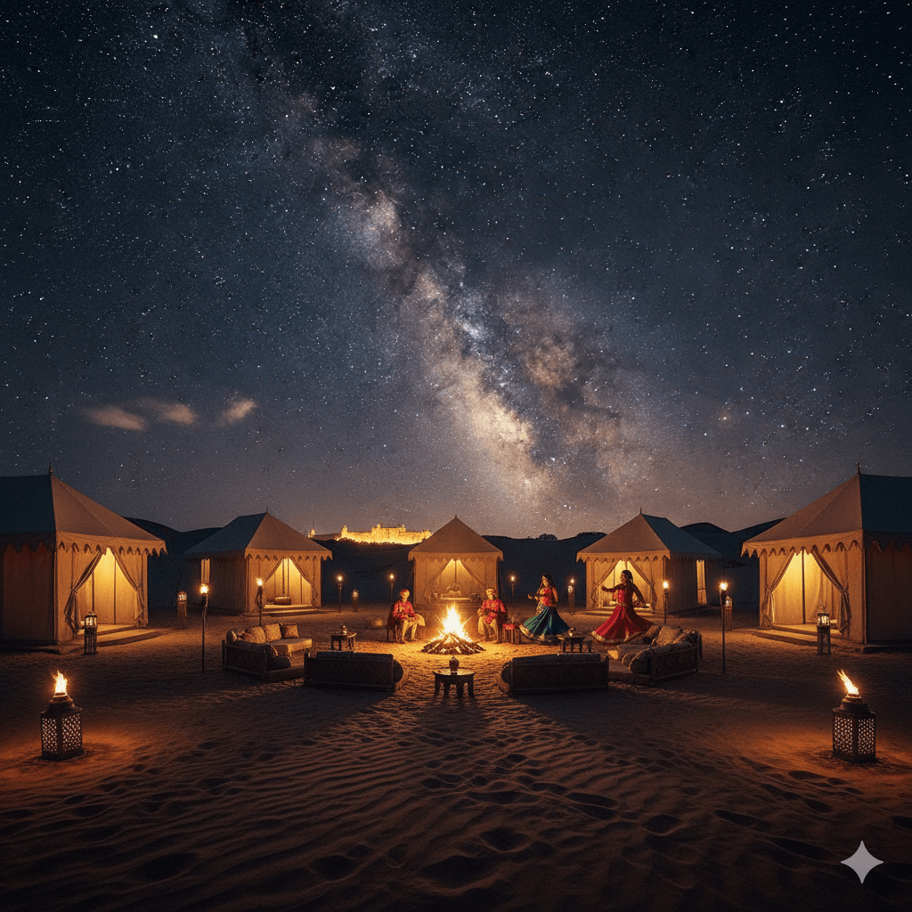 AI-generated image: Luxury desert camp in Jaisalmer with traditional lanterns and a starry night sky.