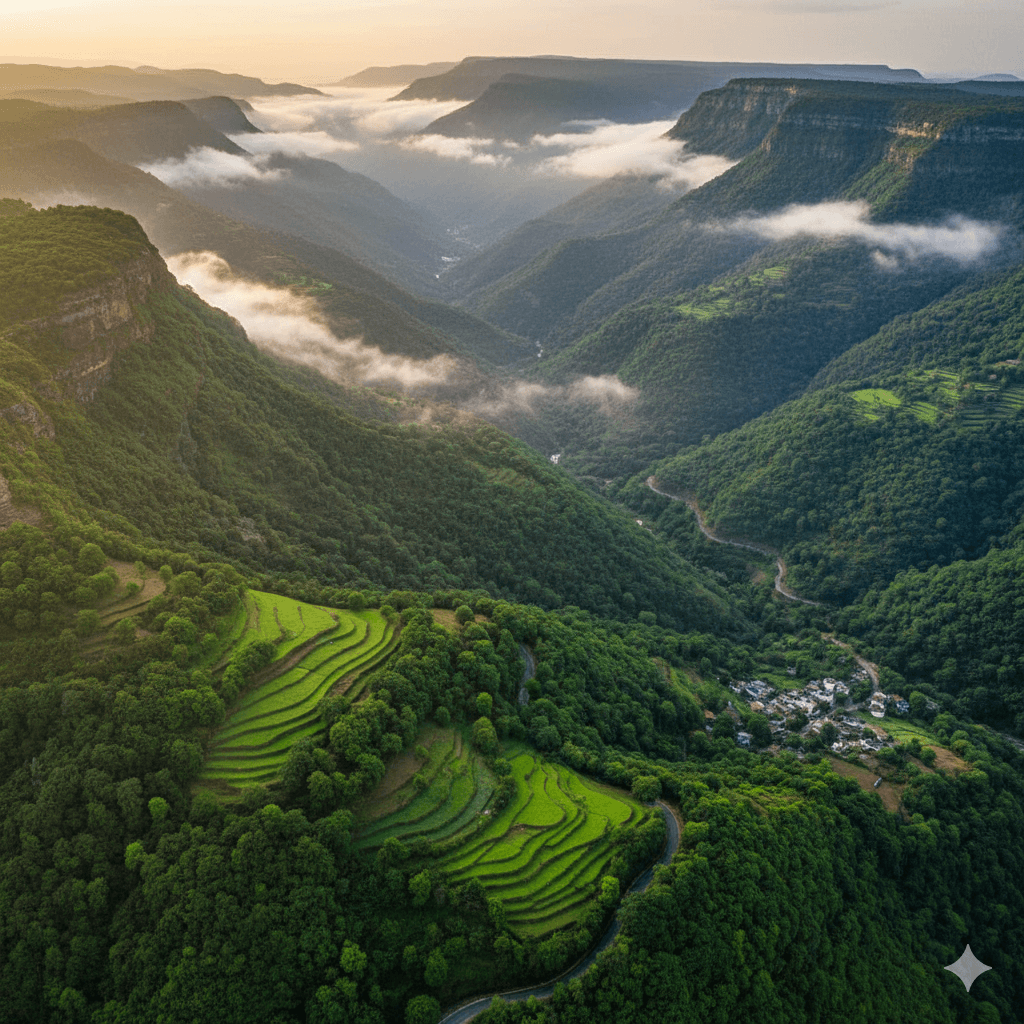 AI-generated aerial view of the lush evergreen Aravalli Mountain range near Guru Shikhar.