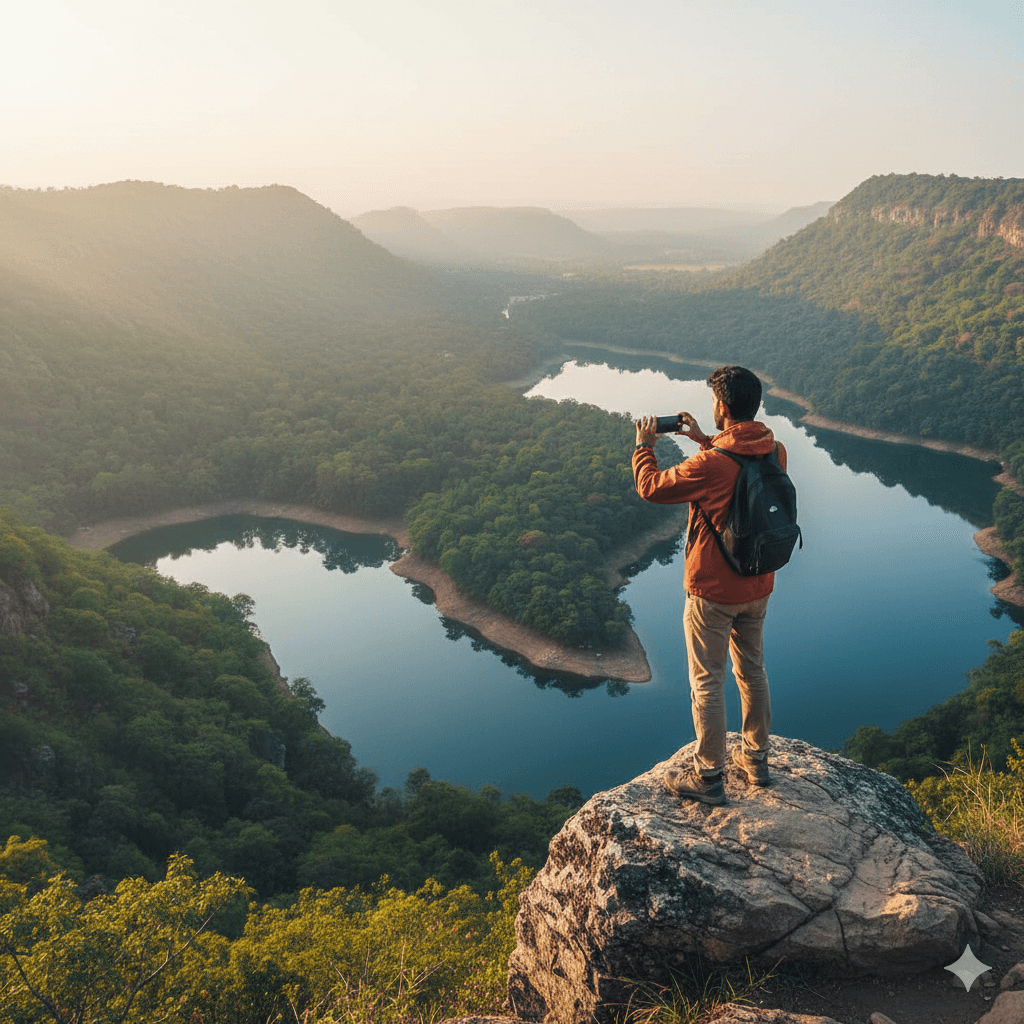 AI-generated image: Panoramic view of Badi Lake from Bahubali Hills, a must-visit photography spot. 
