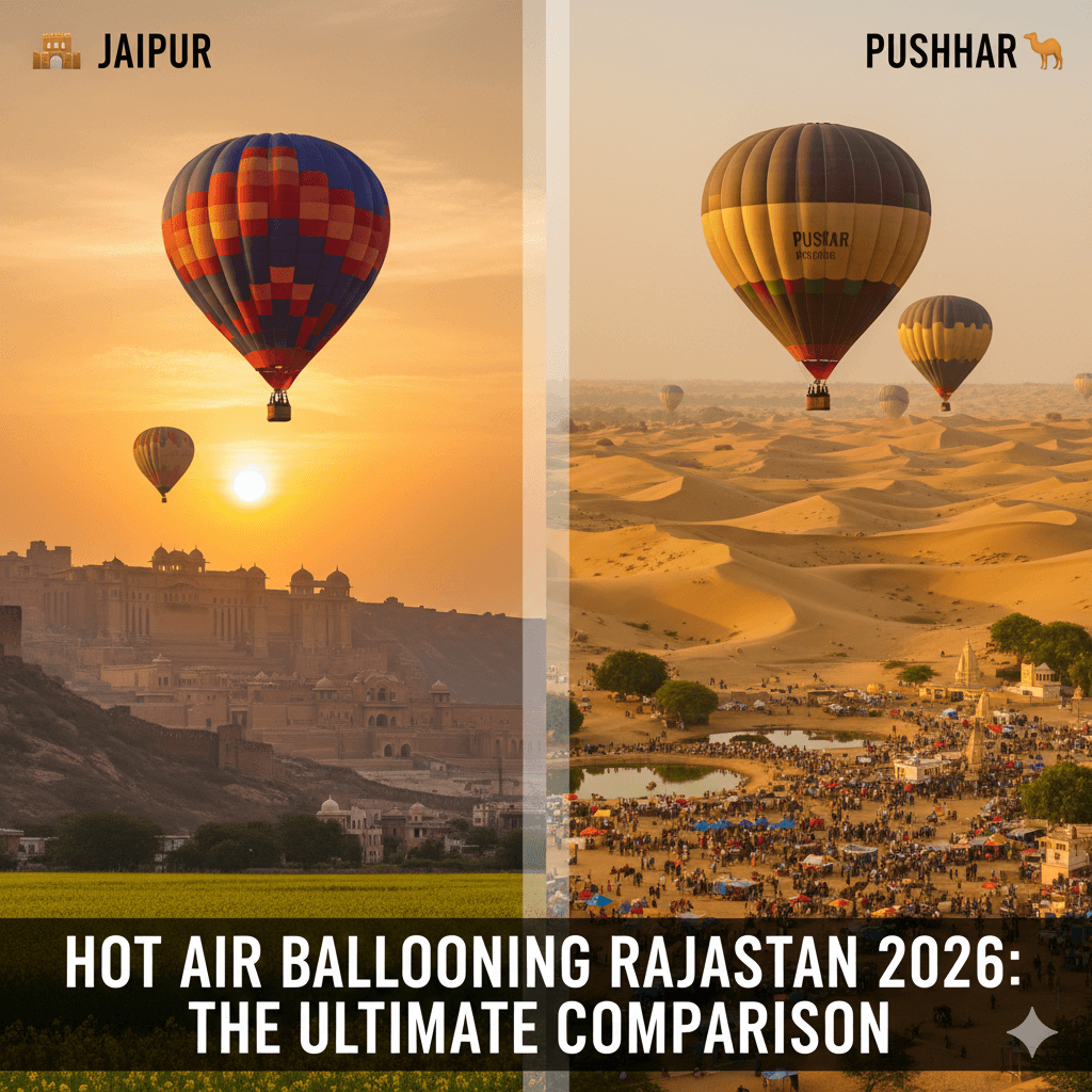 AI-generated image: Comparison of Jaipur fort views and Pushkar desert landscapes for hot air ballooning Rajasthan 2026.