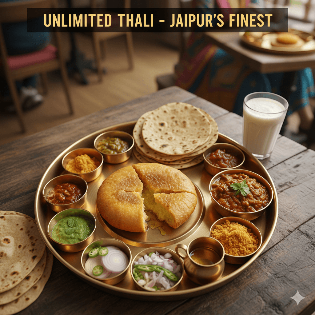 AI generated image: A top-down view of the best thali in Jaipur served in traditional brassware with unlimited Rajasthani side dishes.