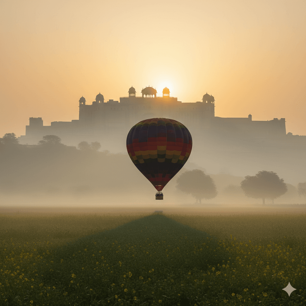 AI-generated image: Early morning mist over Jaipur hills during a winter hot air balloon flight in Rajasthan.