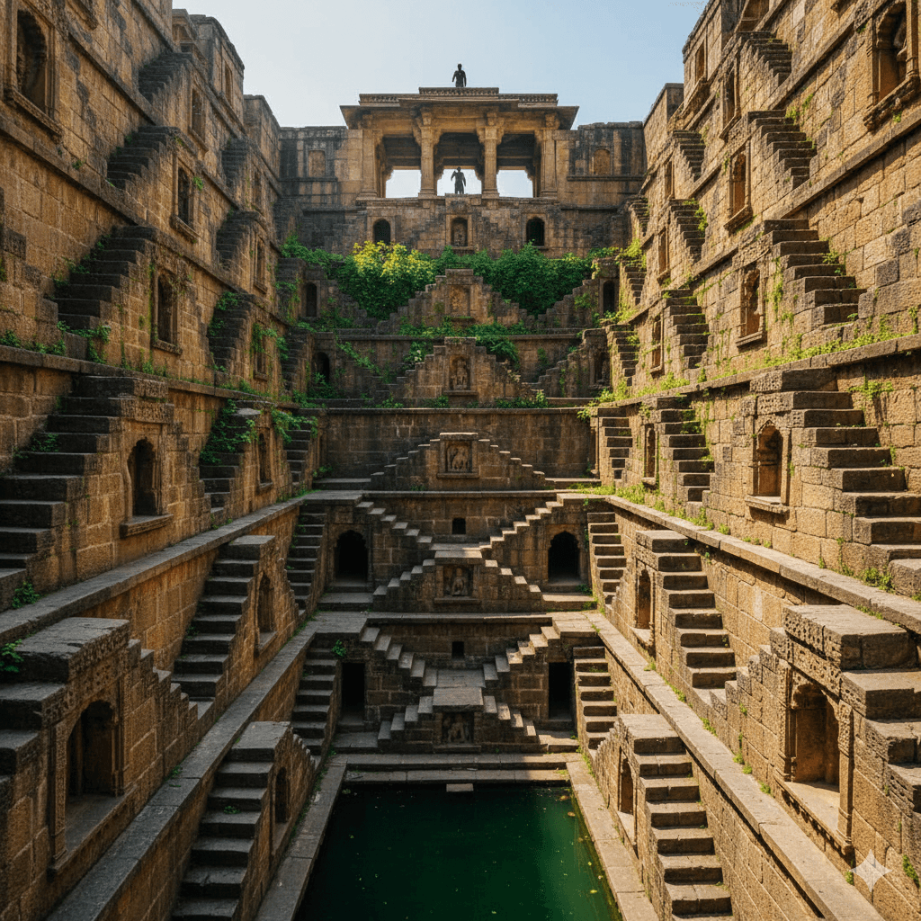 AI generated image of an ancient hidden stepwell in Bundi, a hidden gem in Rajasthan.