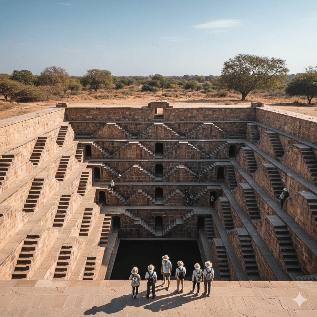 Historic Chand Baori stepwell in Abhaneri Rajasthan geometric architecture, AI generated image.