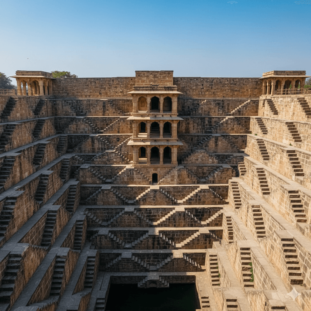 AI generated image: The symmetrical ancient stone steps of Chand Baori stepwell in Abhaneri, a strategic day trip from Jaipur.