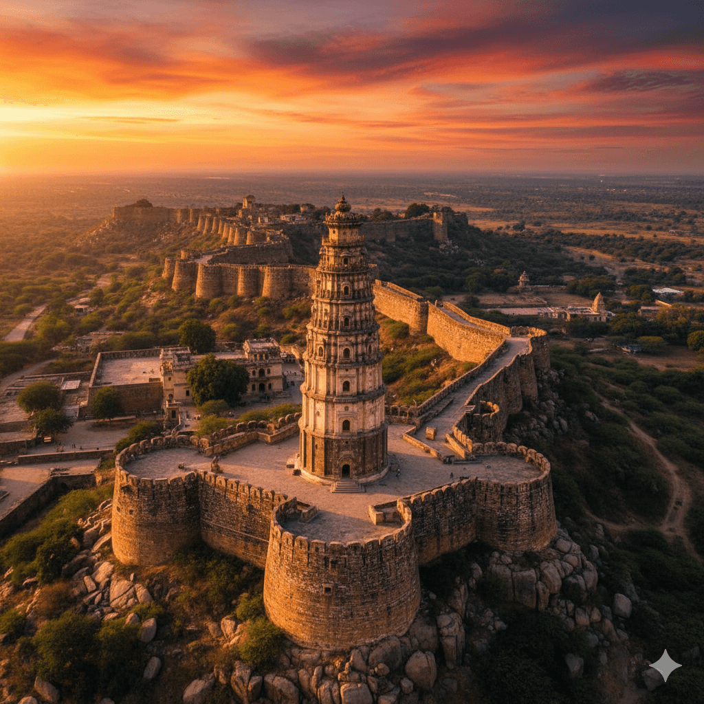 AI-generated dramatic aerial view of Chittorgarh Fort's massive walls and the Vijay Stambh at sunset.