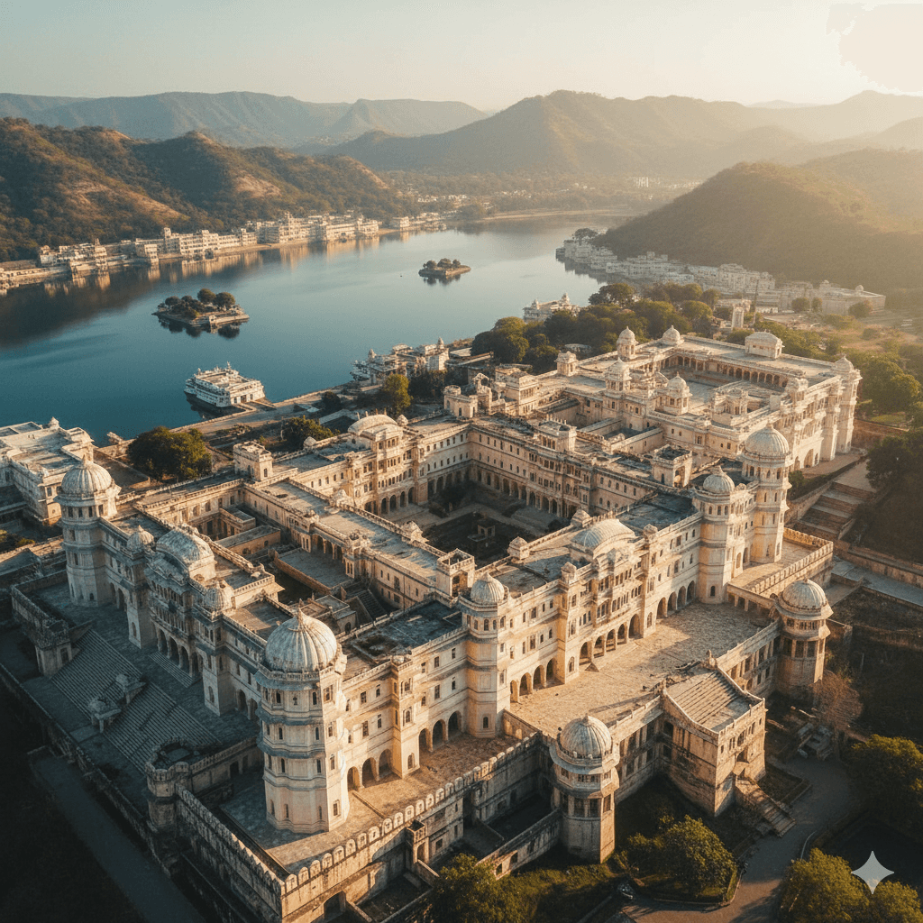 AI-generated image: Aerial drone-style view of the historic City Palace Udaipur from a paraglider's perspective.