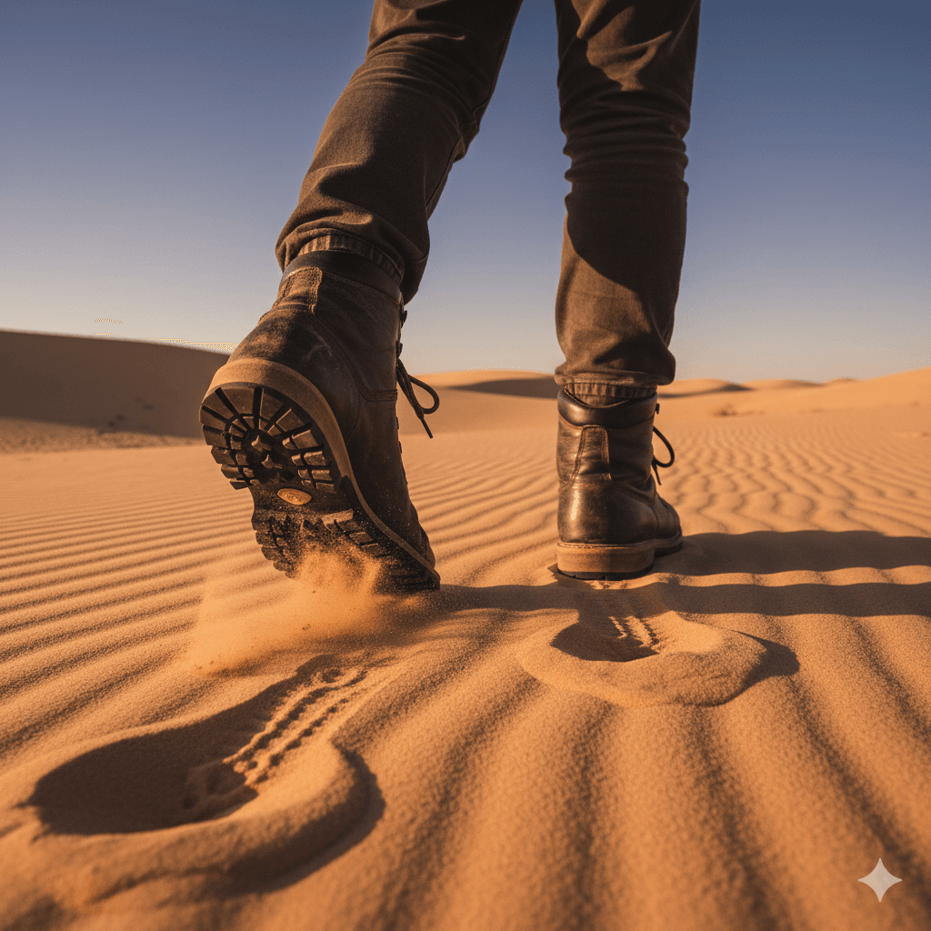 AI-generated image: Rugged hiking boots walking on the fine sand of the Thar Desert in Jaisalmer. dune bashing in Jaisalmer