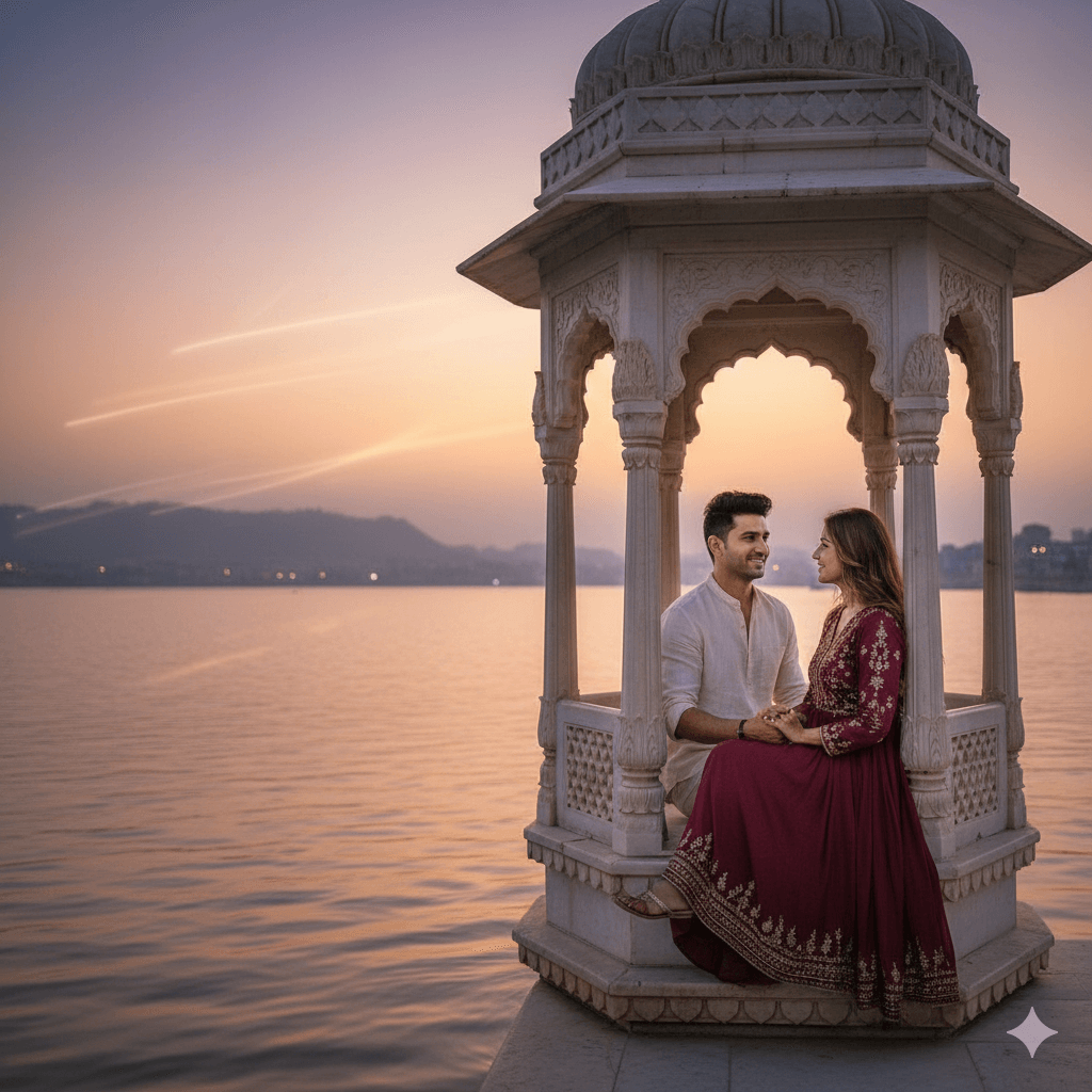AI generated image of a romantic couple sitting in a white marble pavilion at Rajsamand Lake during twilight. Places to visit in Rajsamand