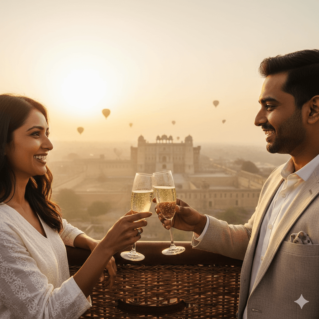 AI-generated image: A celebratory toast during a hot air ballooning Rajasthan 2026 sunrise flight.
