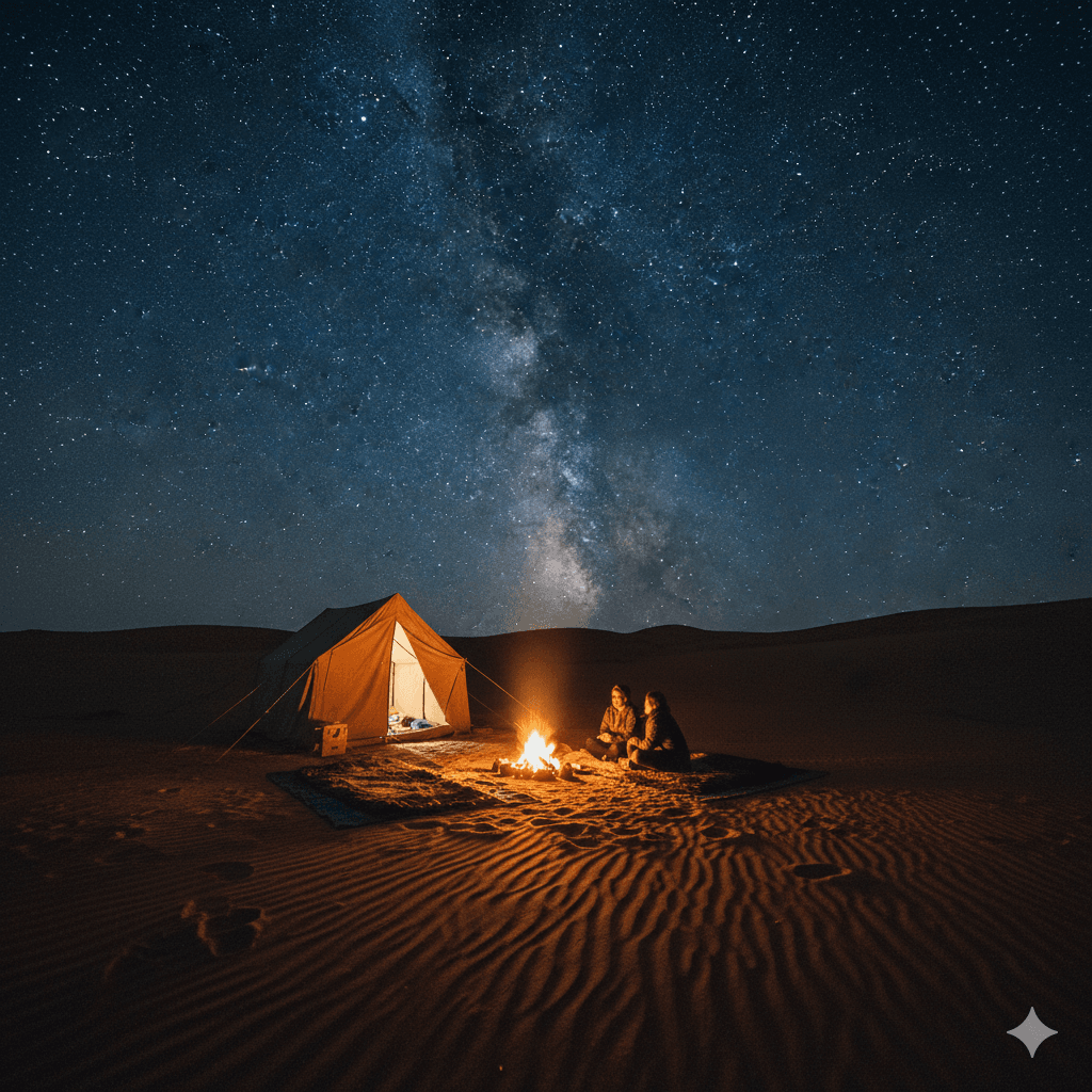 AI generated image of a budget desert camping experience under the stars in Jaisalmer. Rajasthan budget itinerary