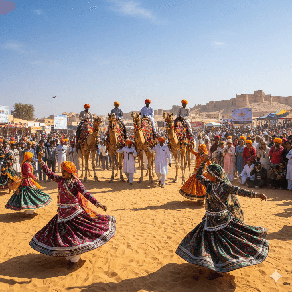 AI-generated image: Decorated camels and Rajasthani folk dancers at the Jaisalmer Desert Festival. dune bashing in Jaisalmer