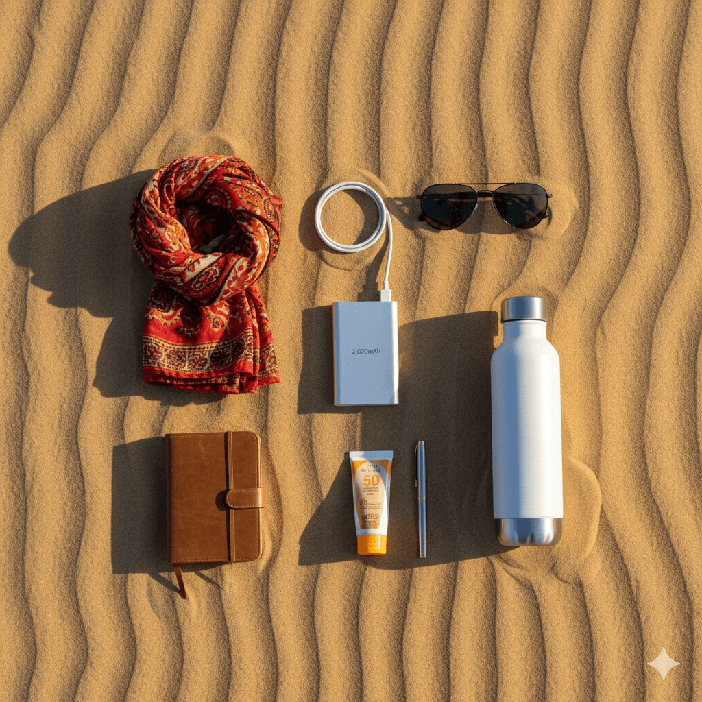 AI-generated image: A flatlay of desert travel essentials including a scarf and sun protection.