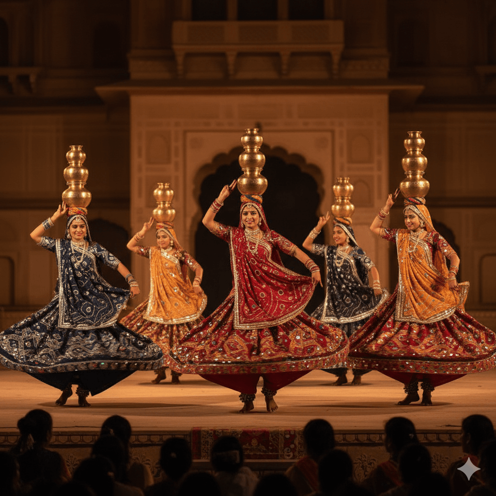 AI-generated image: Traditional Dharohar folk dance performance at Bagore Ki Haveli, nightlife. 