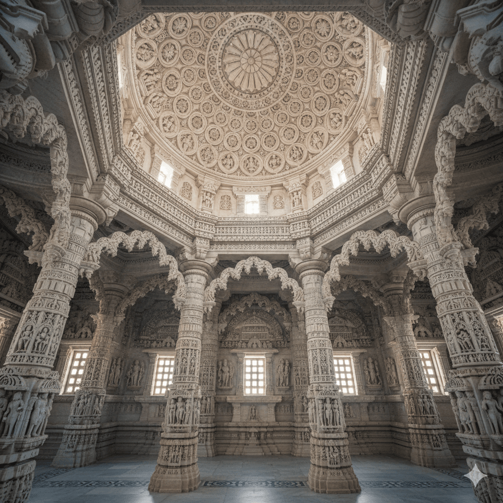 AI-generated hyper-detailed white marble carvings inside the Dilwara Jain Temples.