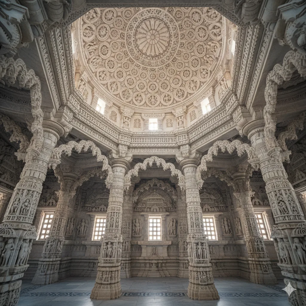 AI-generated hyper-detailed white marble carvings inside the Dilwara Jain Temples.